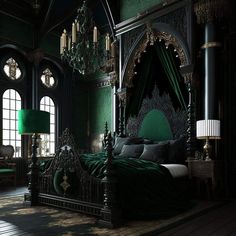 an ornate bedroom with green velvet bedding and chandelier on the ceiling, along with two large windows