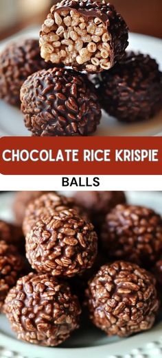 chocolate rice krispie balls stacked on top of each other with the title above it