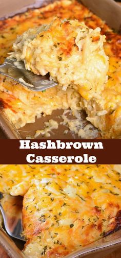 hashbrown casserole in a baking dish with a serving spoon scooping out