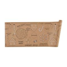 a brown cosmetic bag with the words and symbols on it, in front of a white background