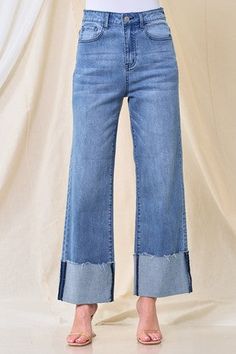 Straight Leg Cuffed Jeans Trendy Medium Wash Jeans With Cuffed Ankles, Casual Dark Wash Bottoms With Cuffed Ankles, Spring Jeans With Rolled Hem And Cuffed Ankles, Trendy High Rise Bottoms With Unfinished Hem, Trendy Bottoms With Rolled Hem And Cuffed Ankles, Trendy High-rise Bottoms With Unfinished Hem, Spring Mid-rise Bottoms With Rolled Hem, Relaxed Fit Medium Wash Bottoms With Rolled Hem, Medium Wash Denim Bottoms With Cuffed Ankles