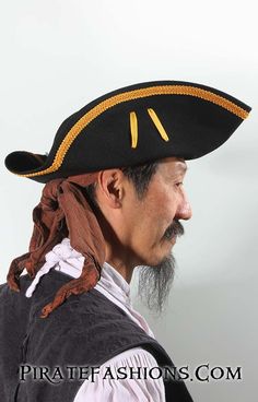 Based on the able seamen tricorn, but with the back rolled up. This is the style worn by Capt Jack Sparrow, but in wool felt instead of leather. Make sure ye look at the front and side view of each hat to get a sense of how the hat looks. Any hat can be worn by any krewe member of any postion, the names are given to identity them. Go to the Hat Accessories Page to order the optional hat pin, cockades o' individual feathers. Note: Each hat is hand made, so it will take 3 to 6 days to complete bef Pirate Hat With Curved Brim For Costume, Adjustable Brimmed Pirate Hat, Adjustable Wide Brim Pirate Hat, Pirate-style Brimmed Costume Hat, Capt Jack Sparrow, Tricorn Hat, Comic Ideas, Pirate Hat, Vector Character Design