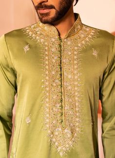 Presenting raihbar kurta with embroidered mandarin collar and detailed hand embroidered scattered detailing on all over the kurta elevated with beads, thread, sequence, cutdana work with inside lining. Collar Kurta, Kurta And Pants, Cutdana Work, Embroidered Cuffs, Chinese Collar, Straight Fit Pants, Indian Wedding Wear, Pattern Embroidery, Kurta With Pants