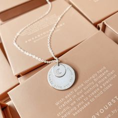 The big sister of our long-time favourite, Soren, the Saffron pendant combines the beauty of the stacked Soren with all the space of our beloved Charlotte. This leaves plenty of space for loved ones' names, birthdates or special text. Personalise with your text curved around the edge of the large pendant and an initial or symbol in the centre of the small pendant. The nature of the stacking pendants means the larger pendant will show wear from the smaller pendant rubbing against it. Crafted with Spiritual Charms Necklace For Mother's Day, Sterling Silver Moon Charm Necklace For Wedding, Rose Gold Jewelry With Large Pendant As Gift, Personalized Spiritual Rose Gold Charm Necklaces, Engraved Rose Gold Spiritual Necklace, Sterling Silver Rose Gold Necklace With Large Pendant, Spiritual Moon Charm Jewelry For Mother's Day, Spiritual Moon Charm Necklace For Mother's Day, Spiritual Pendant Charm Necklace For Personalized Gift