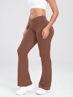 Marrón Casual Collar  Poliéster Liso Pierna amplia,Pierna ancha Embellished Estiramiento medio High Stretch High-waisted Yoga Pants, High-stretch Yoga Trousers, Solid Yoga Trousers For Workout, Solid Color Workout Yoga Trousers, High Stretch Full Length Brown Yoga Pants, Brown High Stretch Full Length Yoga Pants, Workout Yoga Trousers, High-waisted Elastane Yoga Pants, Solid Non-stretch Elastane Yoga Pants