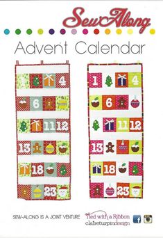 two calendars with numbers on them and the words sew along in red, green,