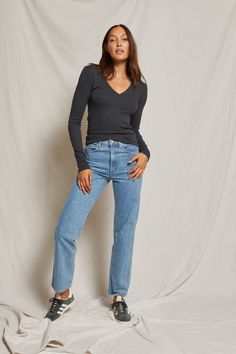 people always say not to choose favorites but we might make an exception. cut in slinky cotton rib with a wide v neck, this long sleeve fits like a glove and fits like it was made just for you. pair it with denim for an elevated look or easily dress it down with hailey or stevie.   please note for heather grey: due to Long Sleeve Fits, Wide V Neck, Night Tops, Forever Yours, Straight Leg Denim, Clothes Crafts, Ribbed Fabric, S Models, Black Cotton