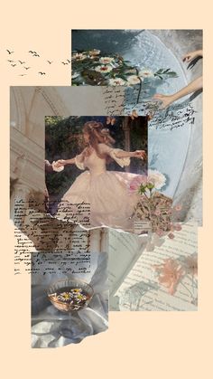 the collage is made up of many different pictures and words, including an image of a woman in a white dress