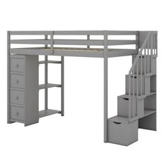 a loft bed with stairs and desk underneath it, next to a storage unit for drawers