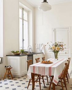 a kitchen with a table and chairs in it