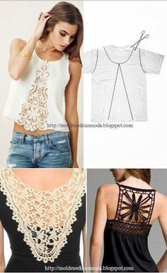 four pictures of different types of blouses with crochet on the back and sides