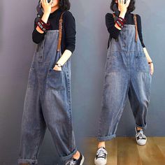 Overalls Loose, Blue Overalls, Harem Jumpsuits, Rompers Womens Jumpsuit, Ladies Denim, Stylish Jumpsuit, Gaun Fashion, Retro Jeans, Suspender Pants