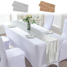 there is a table with white chairs and plates on it, along with flowers in a vase