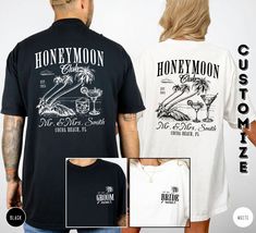 Custom Honeymoon Shirts - Personalized Matching Tees for Newlyweds. Celebrate your honeymoon in style with these custom Honeymoon Club shirts! Perfect for beach vacations, these trendy tees can be personalized with your last name and honeymoon destination, making them a fun and memorable keepsake. The design features tropical cocktails and a relaxing beach vibe, creating the ultimate vacation look.  (CV_0226) HOW TO ORDER: Step 1:  Please check and review all listing details and photos. Step 2: Select your shirt - Style/Color (Ex: Black) Step 3: Select your shirt - Size (Ex: S) Step 4: Add any requests in the "Add your personalization" box (if required). Step 5: Select the quantity (If available). Step 6: Click ADD TO CART. For multiple items go back to the listing and repeat the steps. PR Newlywed Shirts, Couple Honeymoon, Tropical Cocktails, Relaxing Beach, Trendy Tees, Personalized Matches, Honeymoon Shirts, Vacation Looks, Beach Vacations