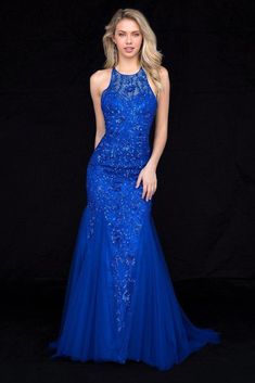 Backless Embellished Homecoming Evening Dress, Backless Embellished Evening Dress For Homecoming, Embellished Halter Neck Wedding Gown, Sleeveless Beaded Evening Dress For Prom, Glamorous Halter Neck Evening Dress With Sweep Train, Halter Neck Embellished Prom Gown, Embellished Halter Neck Prom Gown, Halter Neck Gown For Prom Season, Embellished Fitted Halter Dress For Evening