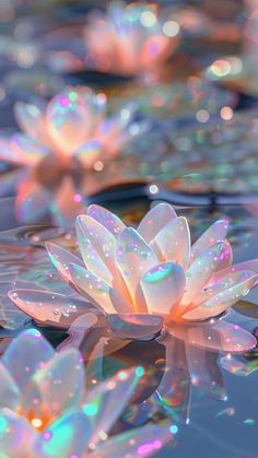 there are many water lilies floating in the pond with bubbles on it's surface