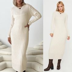 Size Small/Medium. New Without Tags. Brand Tag Has Been Removed. Long Sleeve Knit Maxi Dress Good Stretch, Unlined 52% Acyrlic & 28% Nylon 20% Polyester Cold Machine Wash White V-neck Sweater Dress For Winter, White V-neck Sweater Dress For Fall, White Knitted V-neck Dress, White Knitted Long Sleeve Sweater Dress, White Long Sleeve Sweater Dress For Winter, Long Fitted White Sweater Dress, White Long Sleeve Sweater Dress For Fall, White Fitted Long Sweater Dress, White Ribbed Winter Dress