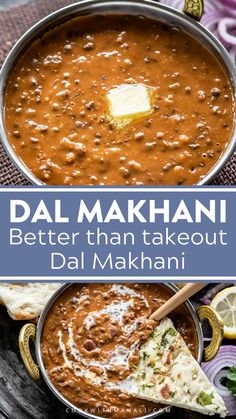 dalmatian soup in a pan with text overlay that reads dalmaan better than takeout dal makhani