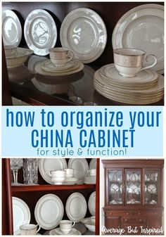 the china cabinet is organized with dishes and plates