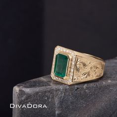 Emerald Wedding Rings, Emerald Rings, Emerald Wedding, Ornate Design, Zambian Emerald, Step Cut, Men's Rings, Emerald Ring, Hand Engraving