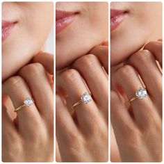 three different views of a woman's hand with a diamond ring on her finger