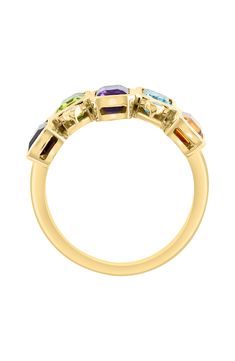 A 14-karat yellow-gold ring showcases emerald-cut amethyst, blue topaz, citrine, rhodolite and peridot clustered with round diamonds for luxurious sparkle. Total amethyst, blue topaz, citrine, rhodolite and peridot weight: 3.05ct. Total diamond weight: 0.07ct. Color: H–I Clarity: I1–I2 14k gold/amethyst/blue topaz/citrine/rhodolite/peridot/diamond Made in the USA Diamond Guide 14k Yellow Gold Multi-stone Gemstones, Multi-stone 14k Yellow Gold Birthstone Ring, 14k Yellow Gold Multi-stone Birthstone Ring, Multi-stone Yellow Gold Birthstone Ring In 14k, Yellow Gold Multi-stone Birthstone Ring In 14k Gold, Yellow Gold Multi-stone Birthstone Ring, Yellow Gold Multi-stone Amethyst Ring, Yellow Gold Multi-stone Topaz Ring, Oval Multi-stone Yellow Gold Birthstone Ring