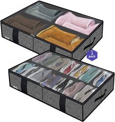 two storage boxes filled with different types of shoes and clothes on top of each other