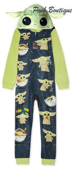 Baby Yoda Hooded Union Suit Description Very hard to find costume style pajamas with 3D Baby Yoda features on hood!  This would make a great costume! This is such a cute pair of pajamas. Your little one can pull up the hood and pretend to be Baby Yoda. Perfect for lounging, gaming,� playtime, costume wear or sleeping.  This is a must have for your little Star Wars fan!   Officially Licensed Star Wars. This is Boy's Size 6-7.  Would be great for girls too! Brand new with tags in sealed catalog bag Halloween Costume Suit, Blanket Sleeper, Union Suit, Star Wars The Mandalorian, Star Wars Yoda, Star Wars Baby, Kids Clothes Boys, One Piece Pajamas, Boys Pajamas