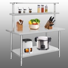 a stainless steel kitchen shelf with food and utensils on it, including an electric pressure cooker