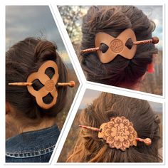 "Genuine leather hair barrettes with sticks, available in 3 styles. The dimensions are as follows: Infinity - 2\" x 4\" ; Pretzel - 3.25\" x 3.25\" ; Mandala - 2.5\" x 3.75\". Can be personalized by laser engraving on the back." Leather Clips Hair, Western Leather Hair Clips, Wooden Hair Barrette, Leather Hair Clips, Leather Hair Barrette With Stick, Leather Hair Accessories, Best Life Ever, Diy Leather Projects, Leather Ideas