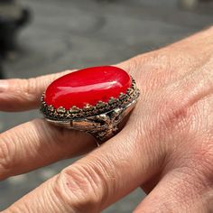 Silver Large Stone Ring , Man Red Jade Stone Ring , Ottoman Style Embroidered Ring ,  Turkish Handmade Sterling Silver Ring , Gift For Him ★Item Details * Gender : Male / Female * Material : 925K Sterling Silver * Total weight :  52 Grams * Gemstone : Jade  Stone * Stone Size  : 30x40mm ✔ Ready to Ship in 1-2 Business Days .. ✔ Shipped to the Worldwide 1-5 business days with free shipping... ✔ The product will be sent to you with a handmade wooden box to avoid any damage during shipping... ✔ Vis Bohemian Carved Wedding Ring, Ceremonial Red Gemstone Ring, Ceremonial Red Gemstone Jewelry, Red Gemstone Rings For Ceremonial Occasion, Red Gemstone Ring For Ceremonial Occasions, Vintage Gemstone Enamel Ring As A Gift, Red Oval Enamel Ring For Gift, Vintage Enamel Gemstone Ring For Gift, Oval Red Enamel Ring For Gift