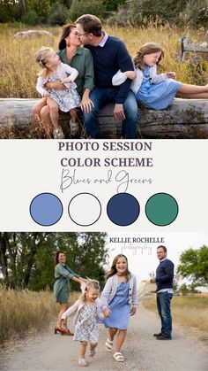 A family of four wearing blue and green pose during an outdoor family photoshoot with Kellie Rochelle Photography. Green Family Photo Outfits, Navy Family Pictures, Fall Photoshoot Family, Outdoor Family Pictures, Extended Family Pictures, Family Holiday Pictures, Summer Family Pictures, Family Photo Colors