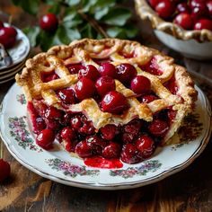 a cherry pie is on a plate with cherries around it and another dish in the background