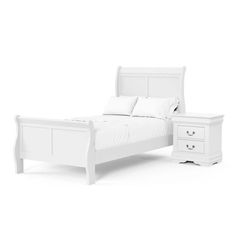 a white bed sitting next to a night stand with two nightstands on each side