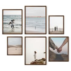 four frames with people holding hands on the beach