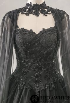 Relaxed A-Line Black Wedding Dress With Detachable Cape – TulleLux Bridal Crowns & Accessories Black Gothic Corset Wedding Dress, Black Wedding Dress With Cape, Dark Fantasy Wedding Dress, Wedding Dress Plus Size Black, Black Wedding Dress Elegant, Vampire Wedding Dress, Goth Wedding Dresses, Fantasy Wedding Dress, Vampire Wedding