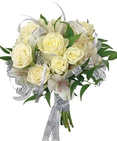 a bridal bouquet with white roses and greenery in it on a white background