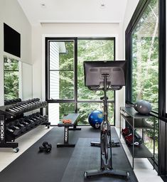 there is a gym with exercise equipment in the room next to the large window that looks out onto the woods