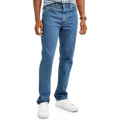 These George Regular Fit Jeans for men are a great find and a wardrobe essential for everyday outfits. Crafted in durable cotton, these straight leg jeans are machine washable for easy care and pair with a tee or a button-up shirt for a casual-cool look. The classic five-pocket design helps carry your small belongings when youre on the move. Theyre also available in Light Stonewash, Medium Stonewash and Black, and in assorted sizes including Big Mens sizes. Only at Walmart. Size: 34 x 30.  Color: Blue.  Gender: male.  Age Group: adult. Casual Cotton Jeans For Big And Tall, Classic Denim Bottoms For Big And Tall, Classic Cotton Jeans For Big And Tall, Classic Big And Tall Straight Leg Jeans, Casual Big And Tall Cotton Jeans, Casual Big And Tall Medium Wash Jeans, Classic Dark Wash Jeans For Big And Tall, Classic Big And Tall Denim Bottoms, Classic Big And Tall Dark Wash Jeans