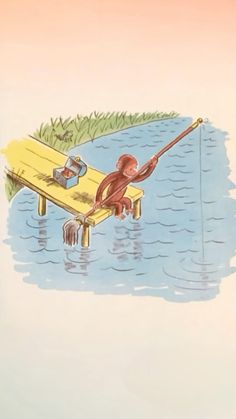 an illustration of a monkey fishing from a dock