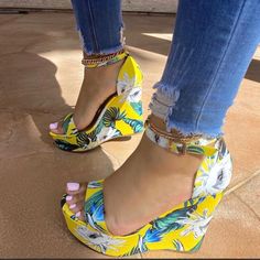 Selina Wedge- Yellow Floral - Atlanta Shoe Studio Nice Wardrobe, Floral Wedges, Ankle Sandals, Party Women, Shoes High Heels, Platform Wedge Heels, Strap Sandals Women, Tropical Style, Wedge Heel Sandals