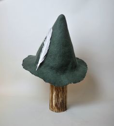 a green hat with a feather on it