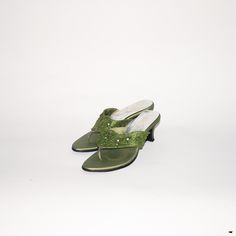 "Vintage 90s leather heel shoes in dark green   Size : UK 3, EUR 36, Length : 24 cm / 9.5\". Material : Polyester." Green Leather Slip-on Heels, Green High Heel Sandals With Rhinestones, Green Rhinestone Open Toe Heels, Green High Heels With Rhinestones, Green Rhinestone Round Toe Heels, Green Leather Low Heel Heels, Green Slip-on Evening Heels, Green Evening Slip-on Heels, Formal Green Sandals With Rhinestones