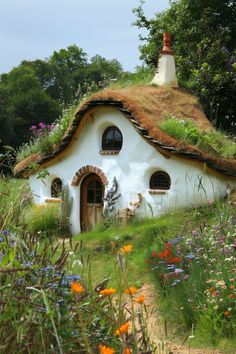 a white house with a grass roof and flowers around the front door is surrounded by wildflowers