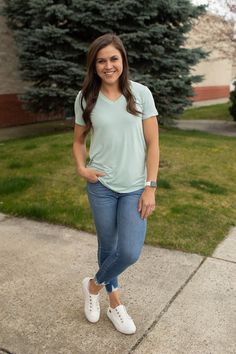 Dusty Mint Vneck Layering Tee (SM-3X) Curvy Girl Fashion, Girl Style, Long Length, Wear It, Spring Summer Fashion, Summer Style, Plus Size Fashion, Dream Closet, Layering