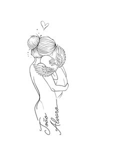 a drawing of two people hugging each other with the words love written on their backs