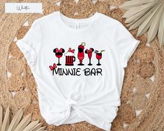 Minnie Bar Shirt, Disney Shirts, Drinking Around The World Shirt Drinking Disney Shirts, White Themed Shirt For Disney Fan Events, Themed White Shirt For Disney Fan Events, White T-shirt With Funny Print For Disney Fan Events, Summer Crew Neck Shirt For Disney Fan Events, Themed White Shirt For Fans, White Themed Fan Merchandise Shirt, White Graphic Print Shirt, White Graphic Print Shirt For Disney Fan Events