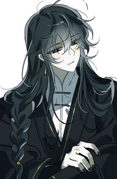 an anime character with long black hair and braids, wearing a dark suit jacket