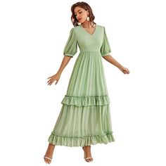 F00154413-202 Green V-neck Dress With Ruffles, Green V-neck Ruffled Dress, Green Flowy V-neck Dress, Elegant Tiered V-neck Dress For Spring, V-neck Ruffled Maxi Dress, V-neck Maxi Dress With Ruffles, Loose Sweater Dress, Red Lace Midi Dress, Smart Casual Work Outfit