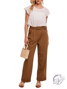 Belted high waist trouser pants - Zipper closure with button - Square buckle belt - Belt loops - Pockets - Finished with clean hem - Model is 5' 8" 30-24-35 and wearing a size Small Fabric: 65% rayon, 30% polyester, 5% spandex High Waist Belted Wide Leg Work Pants, Belted Solid Bottoms For Workwear, Solid Belted Bottoms For Workwear, Trendy Paperbag Waist Bottoms For Work, Belted Wide Leg Pants For Spring, Spring Solid Color Belted Wide Leg Pants, High Waist Bottoms With Belt For Business Casual, Belted High-waisted Wide Leg Pants For Office, High Waist Business Casual Pants With Belt